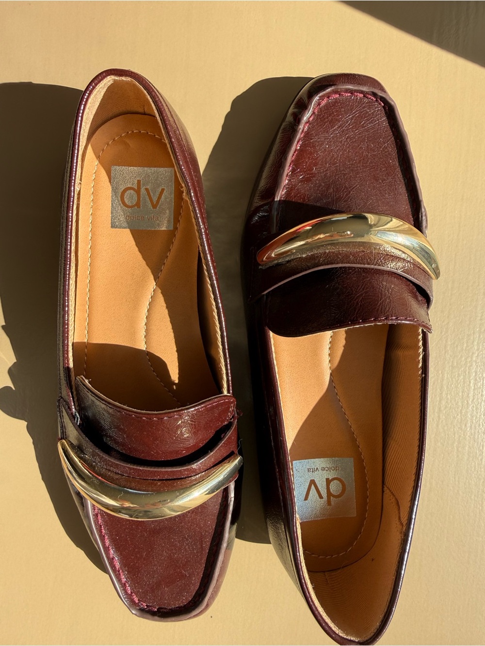 DV by Dolce Vita Wine Leather Loafers with Gold Trim